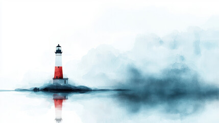 Serene watercolor painting of lighthouse standing tall on rocky shore, surrounded by soft mist and calm waters, evoking tranquility