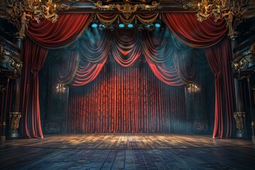 Spotlights illuminating an empty theater stage with red curtains and wooden floor creating a dramatic atmosphere
