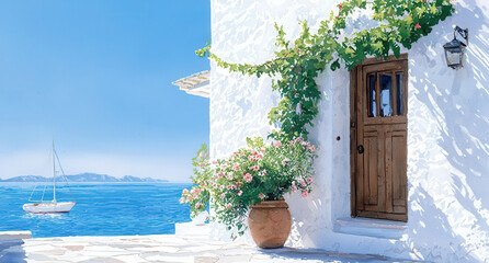 Serene coastal scene featuring whitewashed building adorned with vibrant flowers, wooden door, and tranquil sea view with sailboat