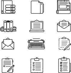 Office Stationery Icon Grid Featuring Documentation, Communication, and Filing Tools in Hand-Drawn Monochrome Style