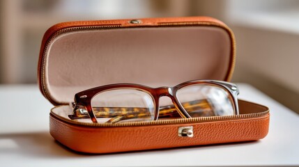 A pair of eyeglasses rests inside an open brown leather case on a white surface with a softly blurred background.