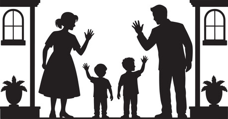 Family waving hello from doorway with potted plants people children