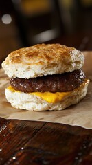 Delicious sausage biscuit with melting cheese on a rustic wooden surface
