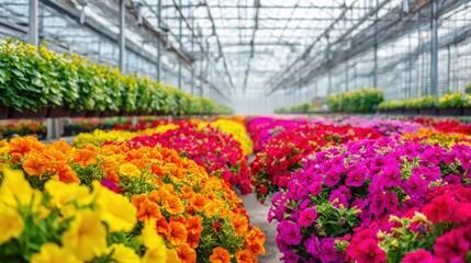 A vibrant greenhouse filled with rows of colorful flowers including yellow, orange, red, and pink blooms under a glass roof.