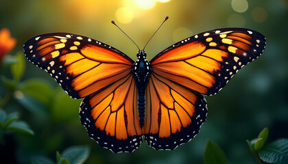 Naklejka premium Monarch butterfly on leaves with a blurred background in a detailed illustration