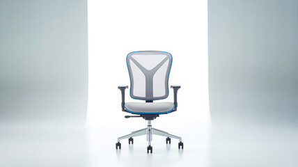 . The chair has a distinctive Y-shaped back support in light gray and white, witA modern office chair photographed again a plain white backgroundh blue accents on the seat cushion and armrests. .