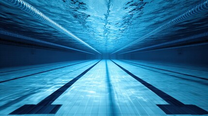 An underwater view of an empty swimming pool lane with clear blue water and tiled floor reflecting light.
