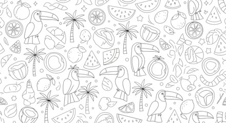Tropical Outlined Pattern with Toucans Palm Trees Watermelons Oranges and Coconuts.