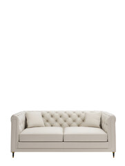 Fototapeta premium A luxurious cream colored sofa with tufted back and pillows against a black background