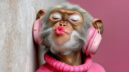 Baby monkey wearing pink headphones and a pink sweater. The monkey is kissing its nose. Concept of playfulness and innocence