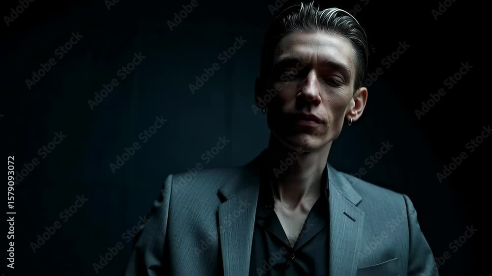 Poster slim man with sharp features poses elegantly against dark background in artistic portrait