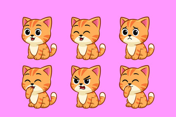 Cute Cartoon Cat Emoji Set Funny Cat Expressions Vector Illustration