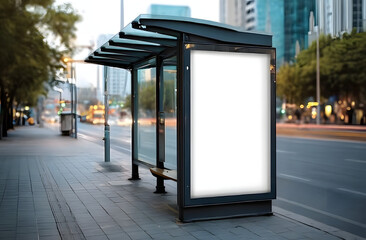 Advertising banner at public transport stop. Empty white display for commercial message, brand promo on street. Advertisement mockup in urban environment. City transportation, information, marketing