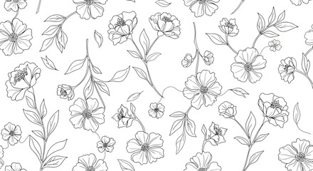 Delicate floral pattern with outlined blossoms leaves and stems in a seamless botanical design.
