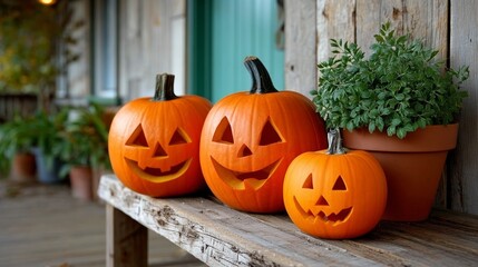 Three pumpkins with faces carved into them sit on a wooden bench. The pumpkins are smiling and seem to be enjoying the autumn season. The bench is located outside, possibly on a porch or patio
