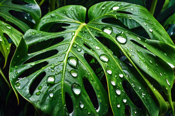 Fototapeta premium monstera leaf with water drops