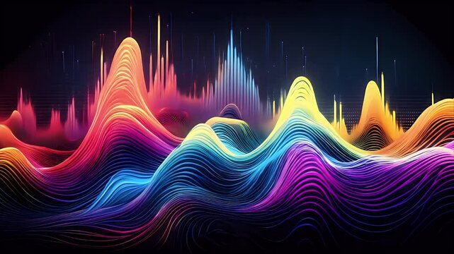 Abstract image featuring vibrant, multicolored waveforms against dark backdrop