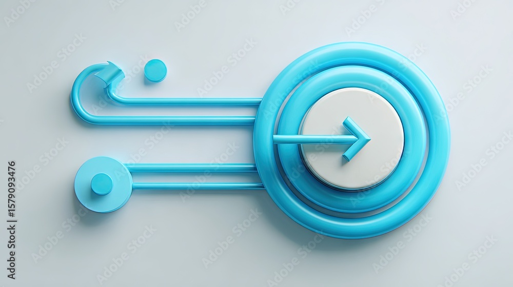 Poster minimalist 3d design with blue concentric circles and directional arrow suggesting streamlined proce