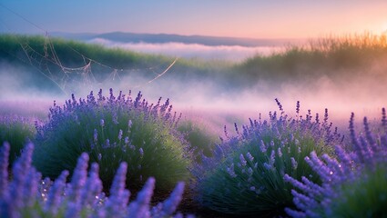Obraz premium Lavender field with fog and spiderweb at sunrise