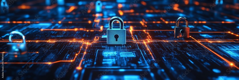Aufkleber security network protection - abstract of padlocks on a glowing circuit board, symbolizing data prot