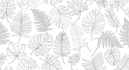 Line Art Tropical Foliage Pattern with Ferns Palm Leaves and Monstera.