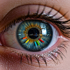 Child's Eye Reflecting Art Supplies and Cityscape at Night in Macro, 8k Detail.