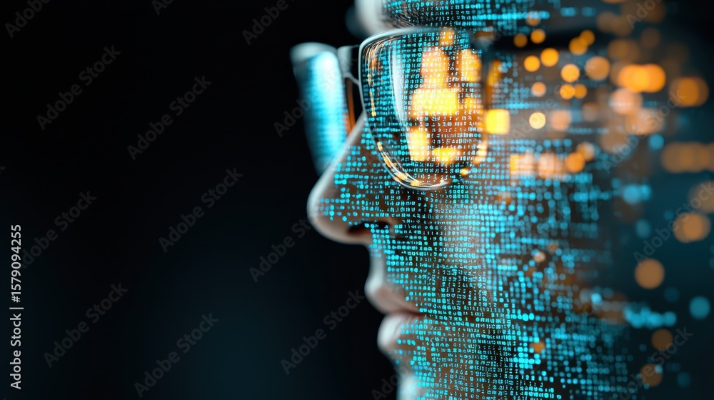 Poster economy charts data concept. digital portrait of a person with data visualizations reflecting on the