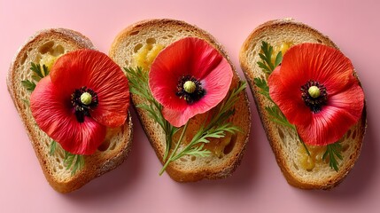 Three pieces of bread with red flowers on top. The bread is brown and the flowers are bright red. The flowers are arranged in a way that they look like they are growing out of the bread