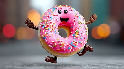 Cartoon donut with sprinkles on it is jumping in the air. The image has a fun and playful mood, as the donut is depicted as a character with a smile on its face