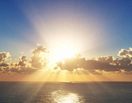 Majestic Sunset over Calm Ocean Golden Hour Rays and Serene Cloudscape - Powered by Adobe