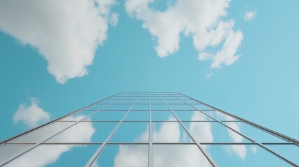 Plakat Skyscraper Glass Reflection and Blue Sky - Modern architecture, upward view, glass facade, blue sky, clouds. Symbolizing ambition, progress, success, innovation, and growth