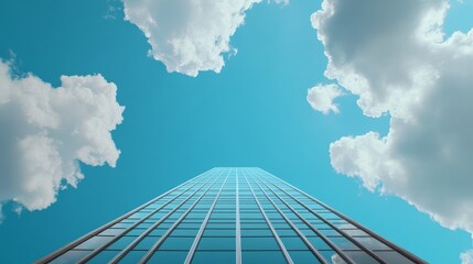 Naklejka na ściany i meble Skyscraper Reaching for the Sky - A modern skyscraper stretches towards a vibrant blue sky dotted with fluffy white clouds. The perspective is from below, emphasizing height and ambition