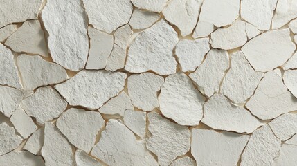 Close-up of a textured white stone wall with irregularly shaped pieces fitted together in a mosaic pattern.