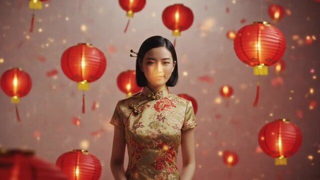 Young Asian woman wearing cheongsam surrounded by red lanterns  