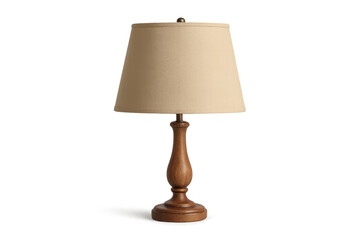 Classic wooden table lamp with beige shade, providing warm lighting, isolated on transparent background, perfect for interior design projects
