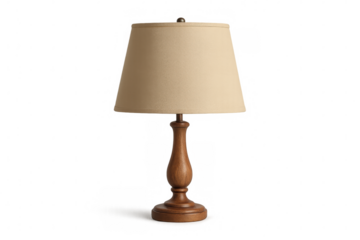 Classic wooden table lamp with beige shade, providing warm lighting, isolated on transparent background, perfect for interior design projects