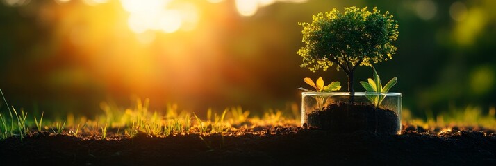 Thriving Tree in Eco-Friendly Terrarium at Sunset - A small tree thrives in an eco-friendly glass terrarium, symbolizing growth, nature, sustainability, hope, and the environment.