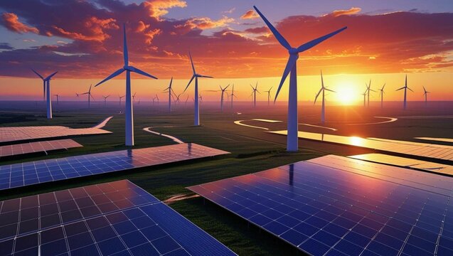 Green Energy – Wind Turbines and Solar Panels
Wide landscape with wind turbines and solar panels at sunset. Ideal for renewable energy, sustainability, and clean power topics.