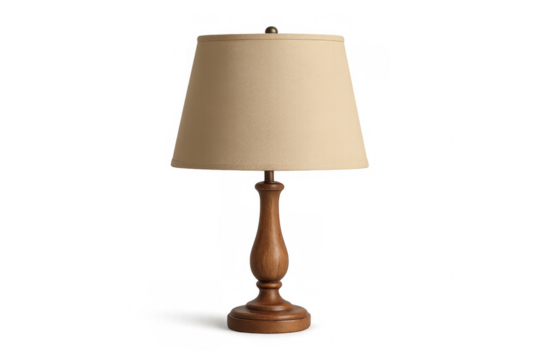 Classic wooden table lamp with beige shade, providing warm lighting, isolated on transparent background, perfect for interior design projects