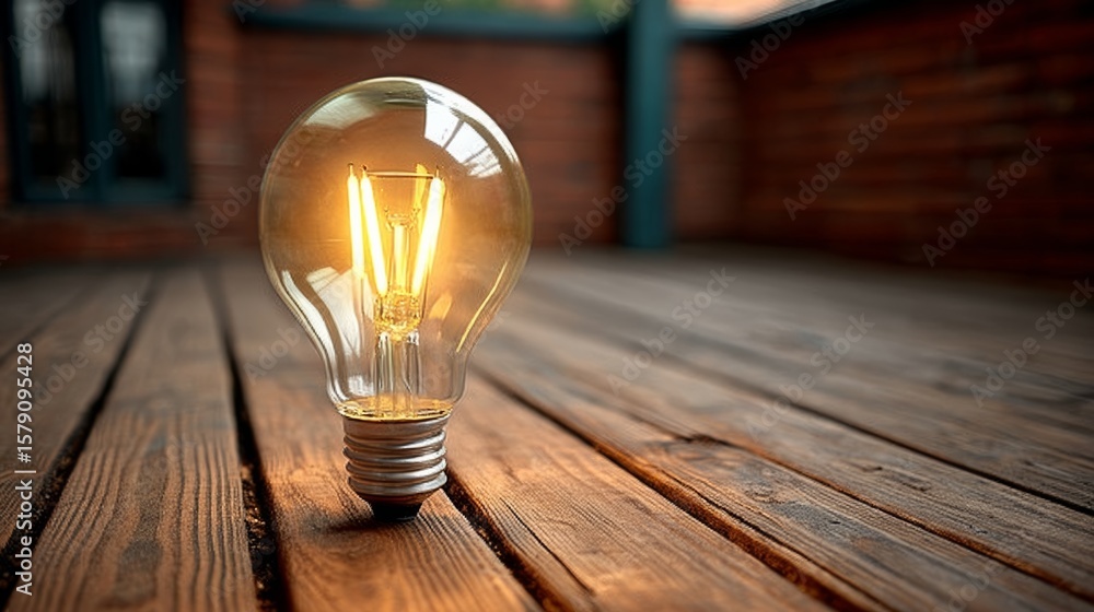 Poster light bulb is lit up on a wooden deck. the light bulb is glowing yellow and is the only source of li