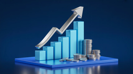 A 3D financial growth visualization on a dark blue background. The centerpiece is a bright cyan-colored 3D bar graph with a metallic sheen, showing an upward trend with each bar increasing in height .