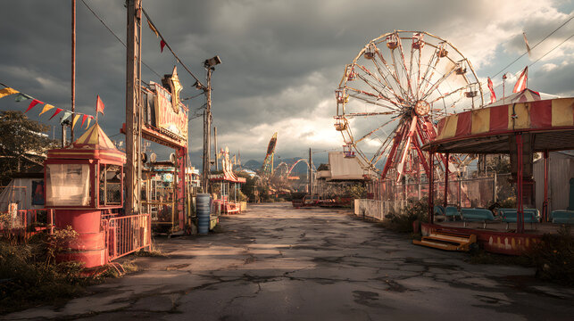 Abandoned Amusement Park with Ferris Wheel Under Dramatic Sky