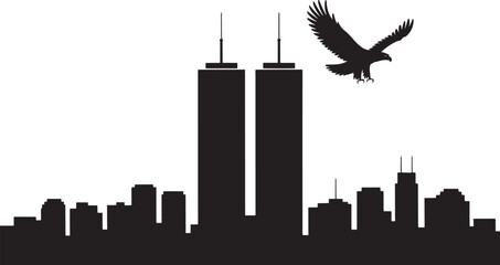 Twin towers skyline with soaring eagle silhouette black white © MDSHOFIQUL