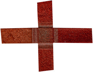 Obraz premium Red textured cross shape made of overlapping tape strips on a light grey background. The strips feature a variety of tactile textures including crumpled, rough, and fibrous surfaces. 