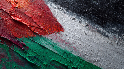 Close up of Palestine flag painting, textured brush strokes, vibrant colors, artistic representation of national pride, culture, and heritage, detailed and expressive artwork.