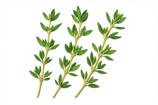Three sprigs of fresh thyme, isolated on a transparent background, ready to add flavor to culinary creations