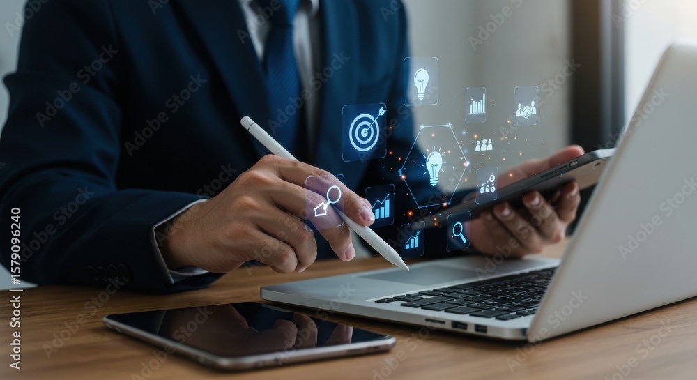 Poster professional using laptop and tablet with digital icons. business strategy and technology integratio