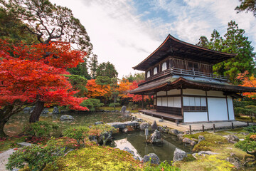 Silver Pavilion of Ginkakuji temple with autumn garden by pond, Kyoto