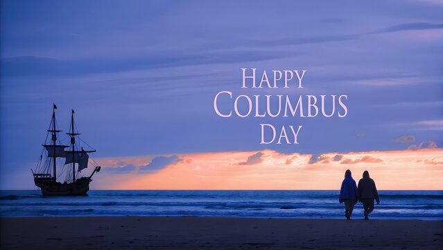 Silhouetted Couple on Beach Watching Sunset with Columbus Day Message