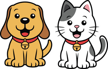 PrintCute cartoon dog and cat with red collars, happy pet friends illustration, vector design for kids, animal mascot graphi